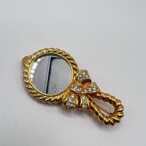 Vintage Swarovski Swan Signed Gold Tone Bow Mirror Brooch Rhinestone 2.5”